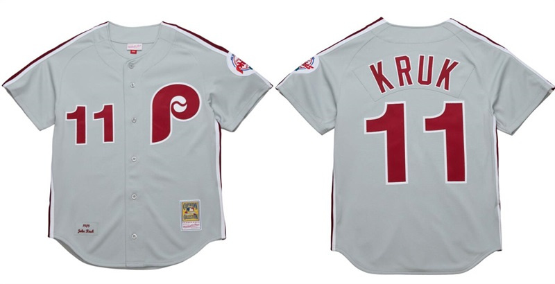 Men's Philadelphia Phillies #11 John Kruk Grey 1989 Stitched Baseball Jersey