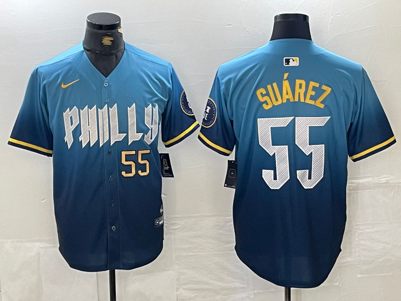 Men's Philadelphia Phillies #55 Ranger Suárez Blue 2024 City Connect Limited Stitched Jersey 7