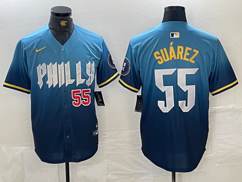 Men's Philadelphia Phillies #55 Ranger Suárez Blue 2024 City Connect Limited Stitched Jersey 4