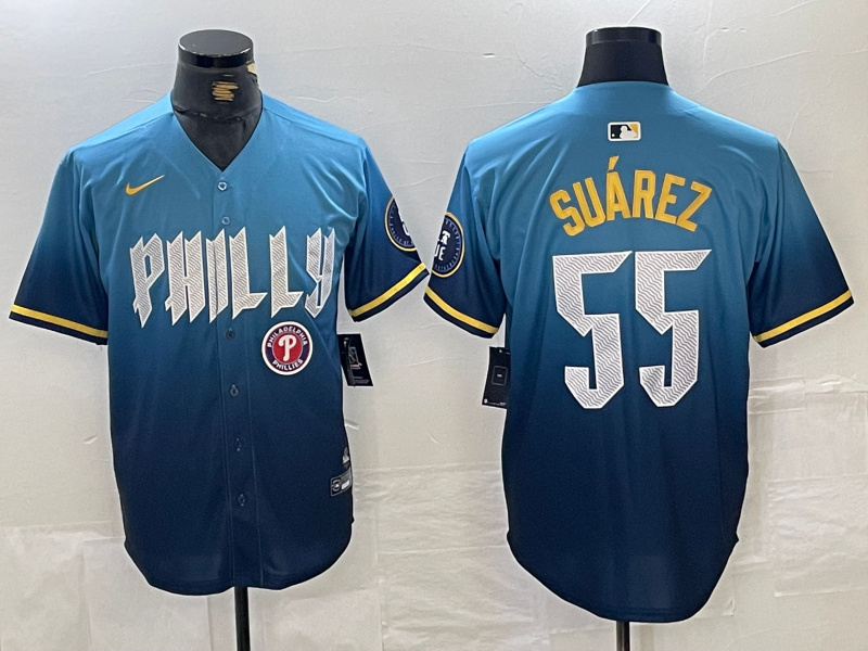 Men's Philadelphia Phillies #55 Ranger Suárez Blue 2024 City Connect Limited Stitched Jersey 2