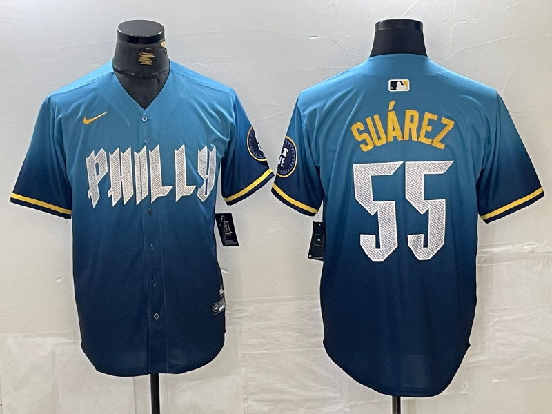 Men's Philadelphia Phillies #55 Ranger Suárez Blue 2024 City Connect Limited Stitched Jersey 1