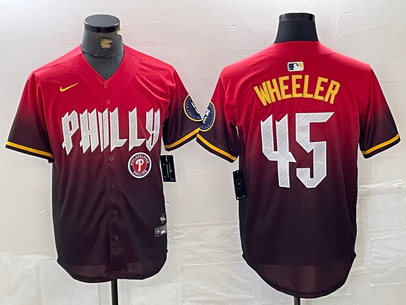 Men's Philadelphia Phillies #45 Zack Wheeler Red 2024 City Connect Limited Stitched Jersey 2