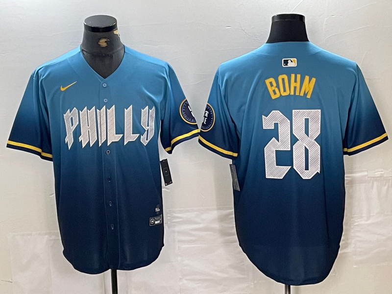 Men's Philadelphia Phillies #28 Alec Bohm Blue 2024 City Connect Limited Stitched Baseball Jersey