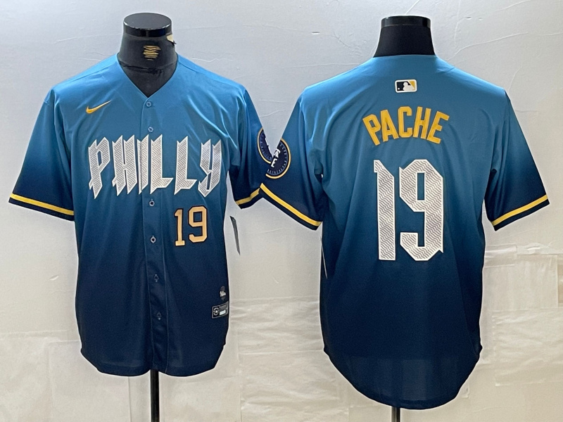 Men's Philadelphia Phillies #19 Cristian Pache Blue 2024 City Connect Limited Stitched Jersey