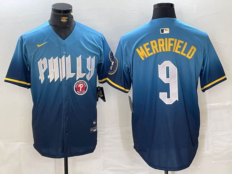 Men's Philadelphia Phillies #9 Whit Merrifield Blue 2024 City Connect Limited Stitched Jersey 3