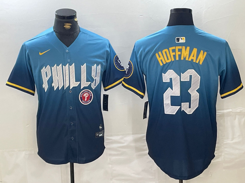 Men's Philadelphia Phillies #23 Jeff Hoffman Blue 2024 City Connect Limited Stitched Jersey 1