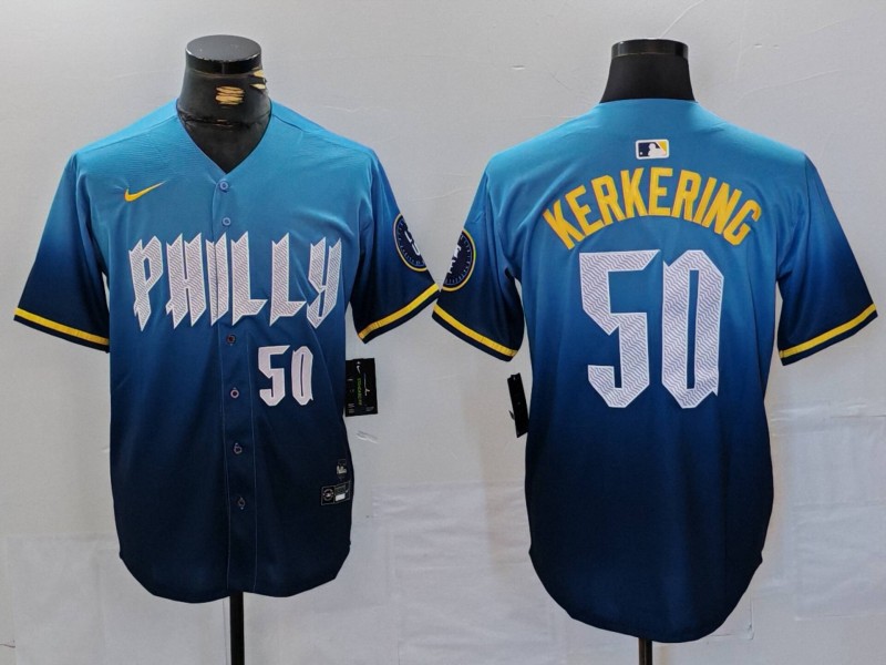 Men's Philadelphia Phillies #50 Orion Kerkering Blue 2024 City Connect Limited Stitched Jersey 1