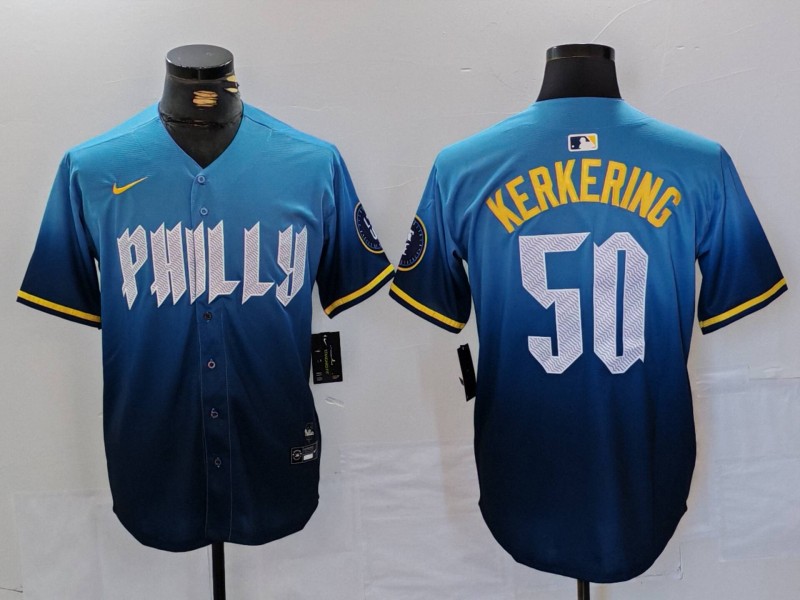 Men's Philadelphia Phillies #50 Orion Kerkering Blue 2024 City Connect Limited Stitched Jersey 5