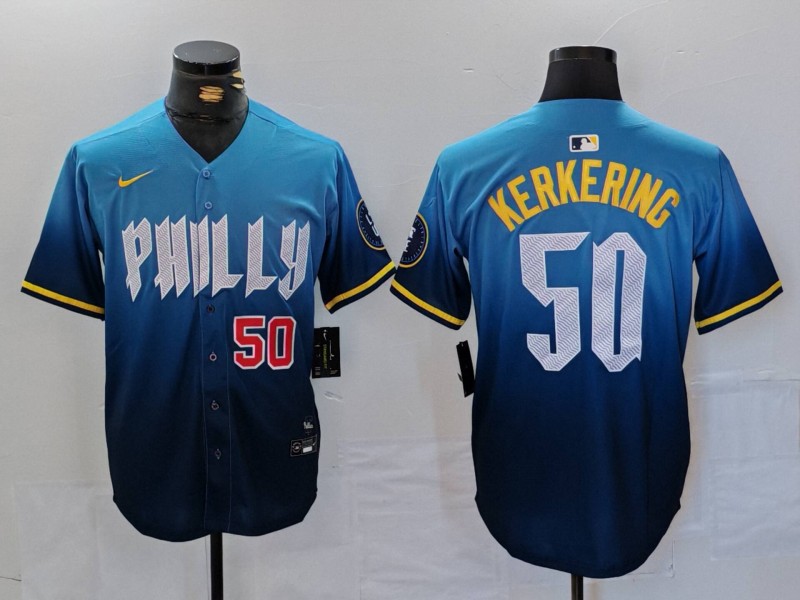 Men's Philadelphia Phillies #50 Orion Kerkering Blue 2024 City Connect Limited Stitched Jersey 4