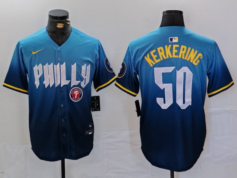 Men's Philadelphia Phillies #50 Orion Kerkering Blue 2024 City Connect Limited Stitched Jersey 3