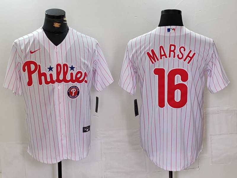 Men's Philadelphia Phillies #16 Brandon Marsh White Cool Base Stitched Baseball Jersey 2