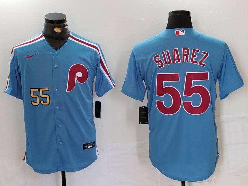 Men's Philadelphia Phillies #55 Ranger Suárez Blue Cool Base Stitched Jersey 2