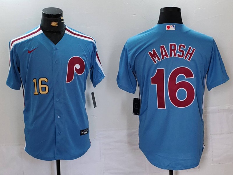 Men's Philadelphia Phillies #16 Brandon Marsh Blue Cool Base Stitched Jersey 2