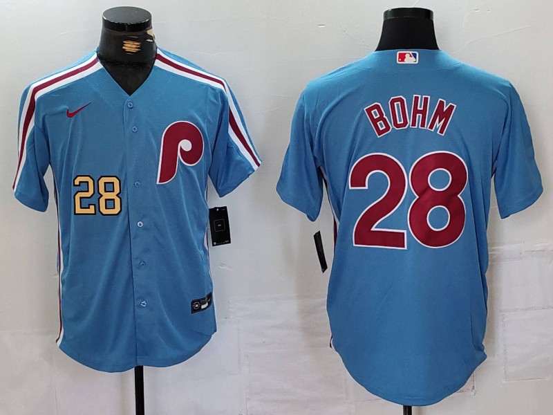 Men's Philadelphia Phillies #28 Alec Bohm Blue Cool Base Stitched Jersey 2