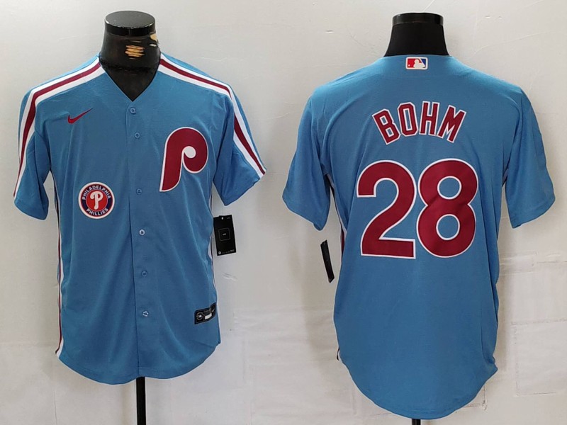 Men's Philadelphia Phillies #28 Alec Bohm Blue Cool Base Stitched Jersey 1