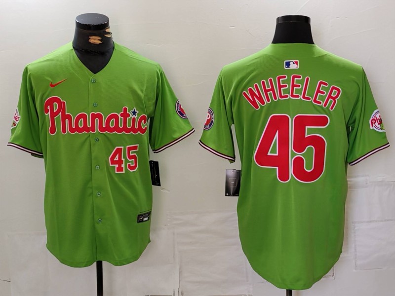 Men's Philadelphia Phillies #45 Zack Wheeler Green With Patch Stitched Jersey 3