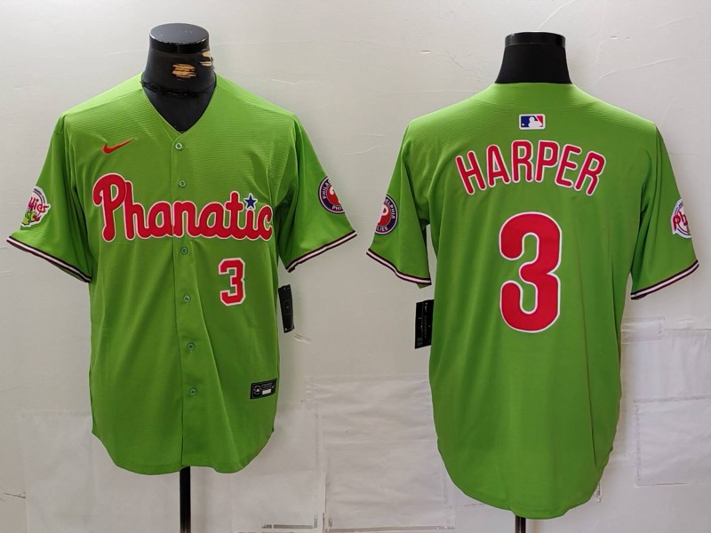 Men's Philadelphia Phillies #3 Bryce Harper Green With Patch Stitched Jersey 2