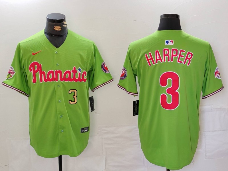 Men's Philadelphia Phillies #3 Bryce Harper Green With Patch Stitched Jersey 1