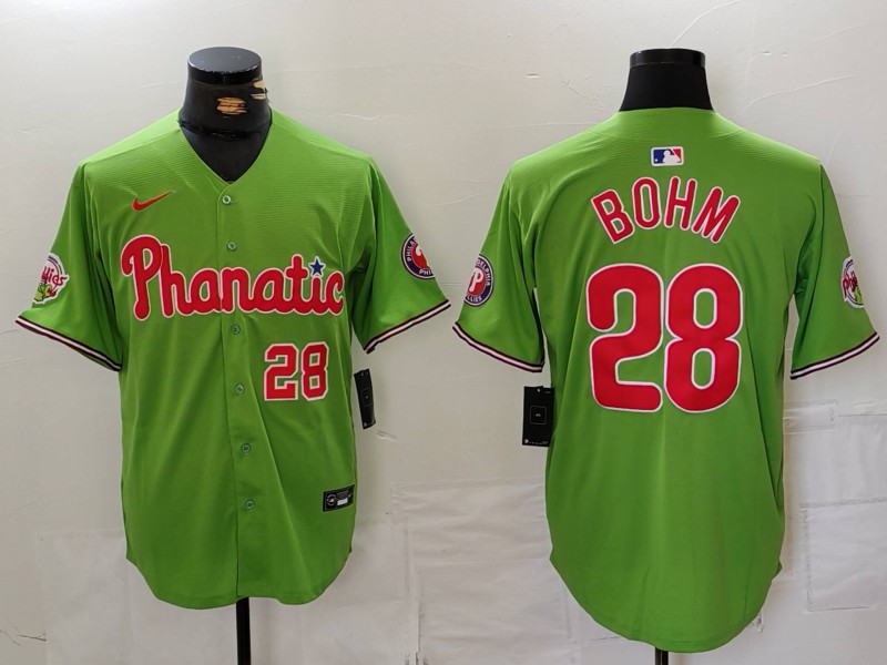 Men's Philadelphia Phillies #28 Alec Bohm Green With Patch Stitched Jersey 3