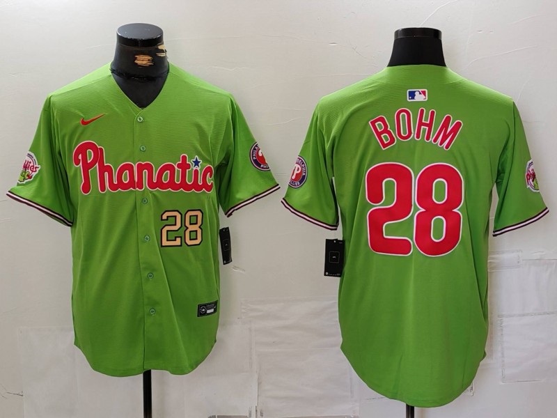 Men's Philadelphia Phillies #28 Alec Bohm Green With Patch Stitched Jersey 2