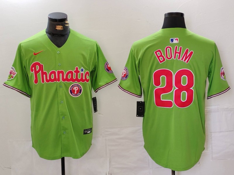 Men's Philadelphia Phillies #28 Alec Bohm Green With Patch Stitched Jersey 1