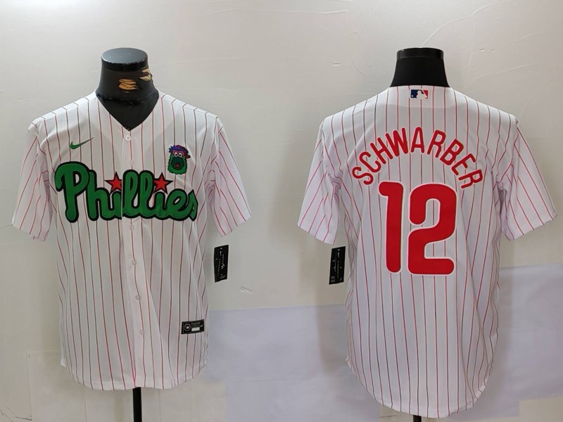 Men's Philadelphia Phillies #12 Kyle Schwarber White Green Cool Base Stitched Jersey 2