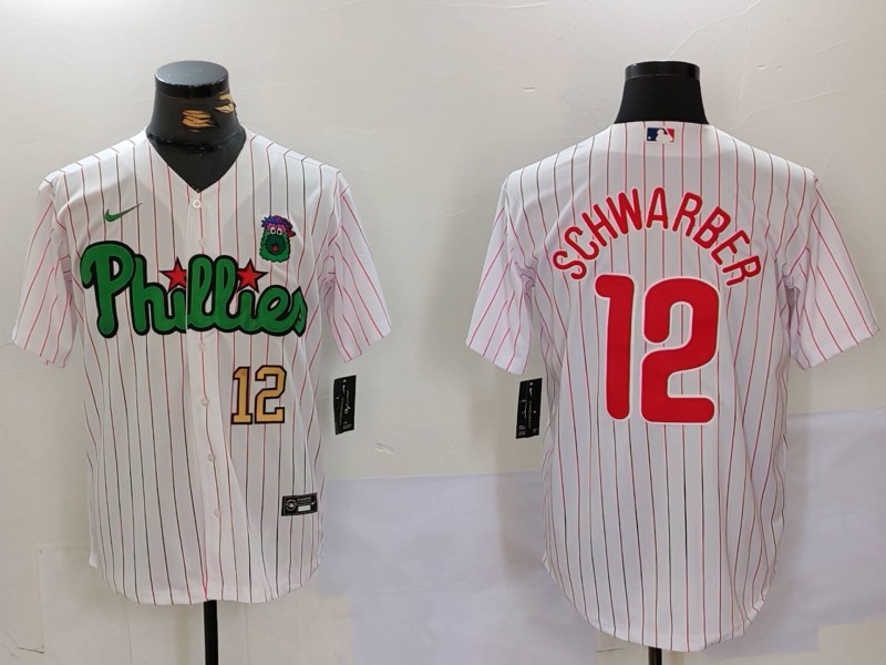 Men's Philadelphia Phillies #12 Kyle Schwarber White Green Cool Base Stitched Jersey 1