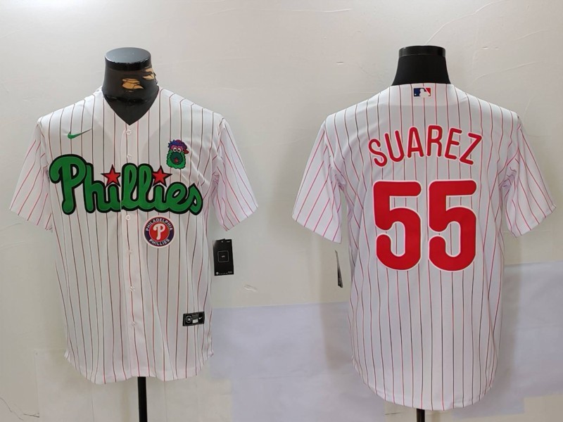 Men's Philadelphia Phillies #55 Ranger Suárez White Green Cool Base Stitched Jersey 5