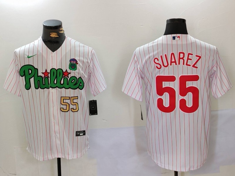 Men's Philadelphia Phillies #55 Ranger Suárez White Green Cool Base Stitched Jersey 3