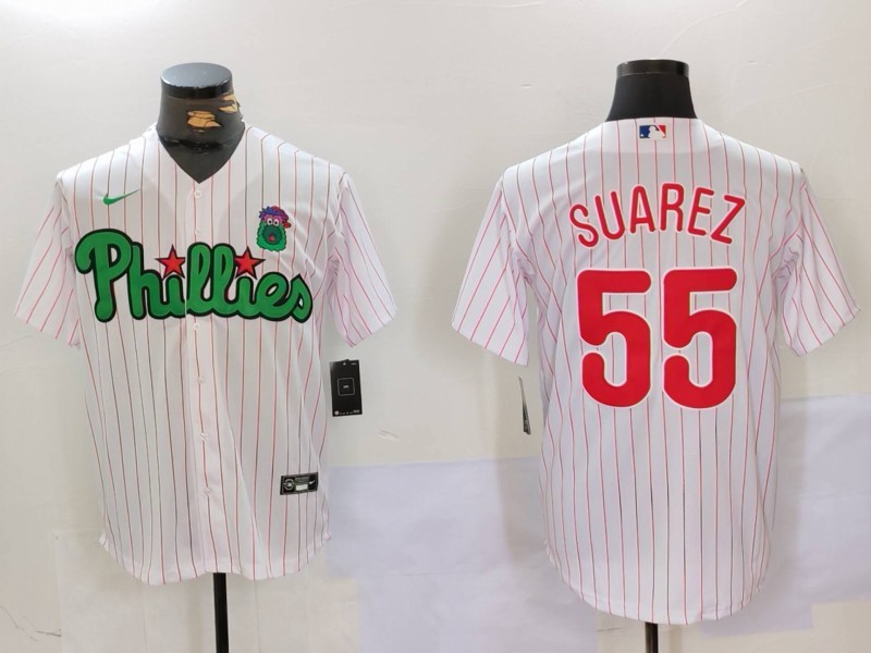 Men's Philadelphia Phillies #55 Ranger Suárez White Green Cool Base Stitched Jersey 2