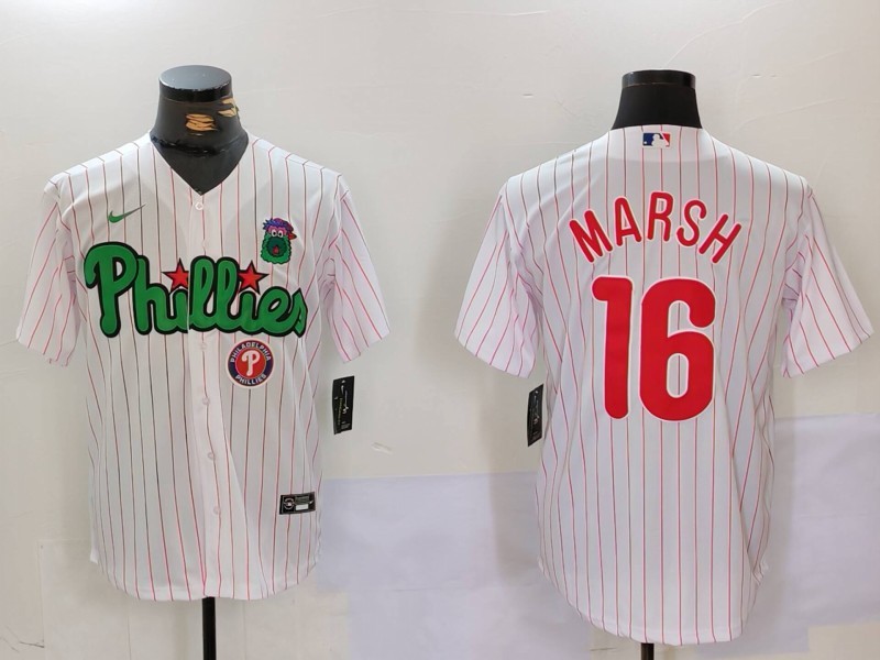 Men's Philadelphia Phillies #16 Brandon Marsh White Green Cool Base Stitched Jersey 6