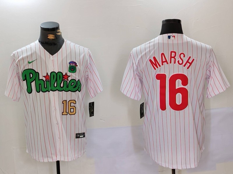 Men's Philadelphia Phillies #16 Brandon Marsh White Green Cool Base Stitched Jersey 5