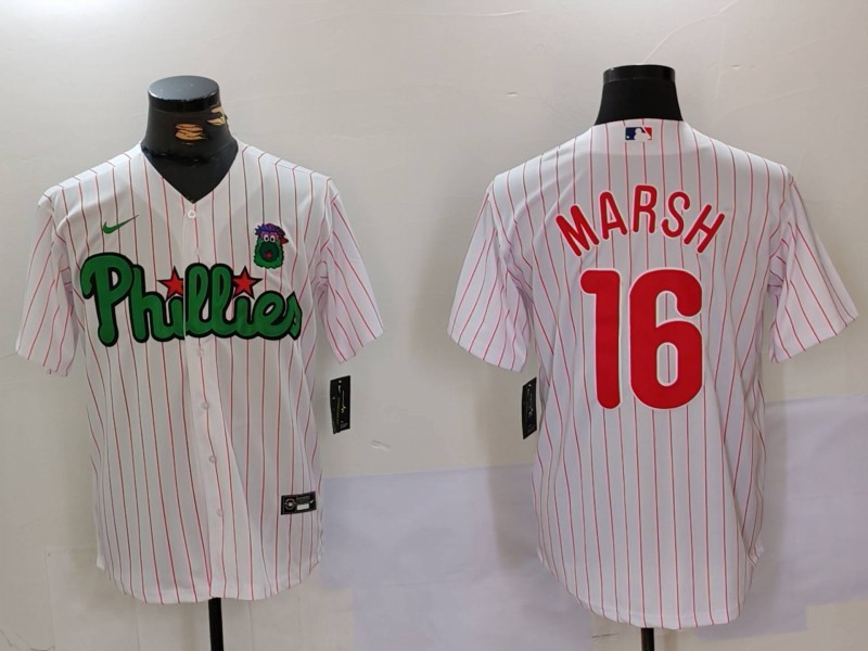 Men's Philadelphia Phillies #16 Brandon Marsh White Green Cool Base Stitched Jersey 1