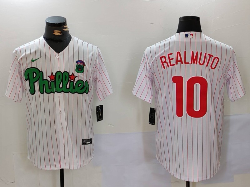 Men's Philadelphia Phillies #10 J.T. Realmuto White Green Cool Base Stitched Jersey 1