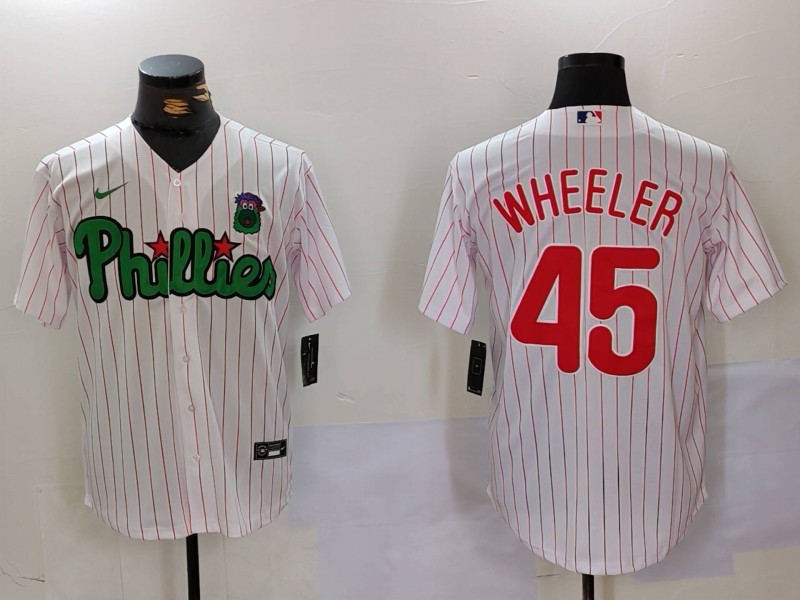 Men's Philadelphia Phillies #45 Zack Wheeler White Green Cool Base Stitched Jersey 8