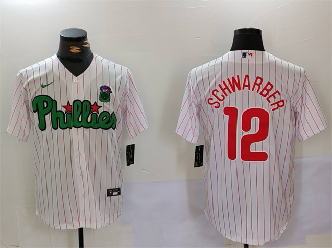 Men's Philadelphia Phillies #12 Kyle Schwarber White Green Cool Base Stitched Jersey