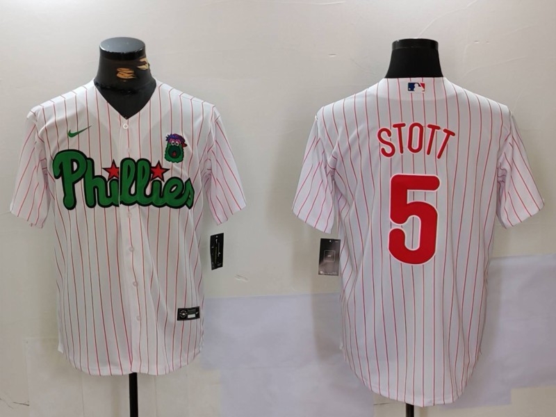 Men's Philadelphia Phillies #5 Bryson Stott White Green Cool Base Stitched Jersey 8