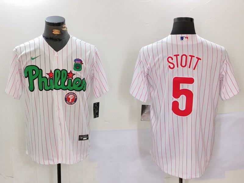 Men's Philadelphia Phillies #5 Bryson Stott White Green Cool Base Stitched Jersey 1