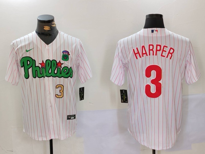 Men's Philadelphia Phillies #3 Bryce Harper White Green Cool Base Stitched Jersey 1