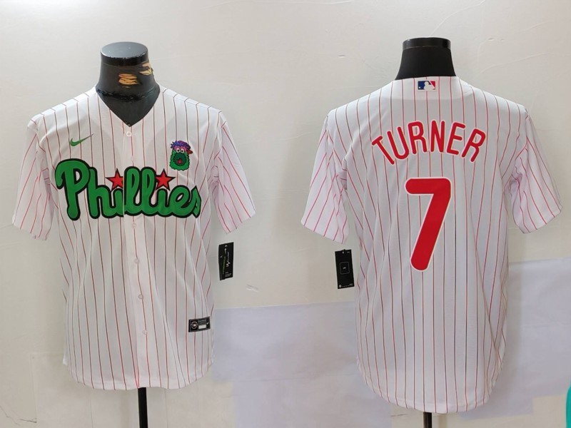 Men's Philadelphia Phillies #7 Trea Turner White Green Cool Base Stitched Jersey 2