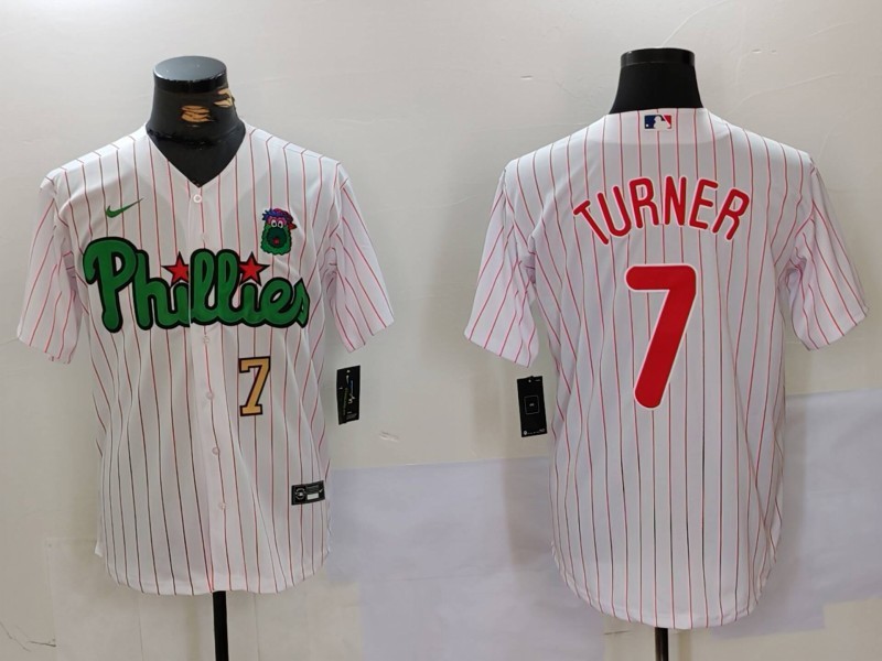 Men's Philadelphia Phillies #7 Trea Turner White Green Cool Base Stitched Jersey 1