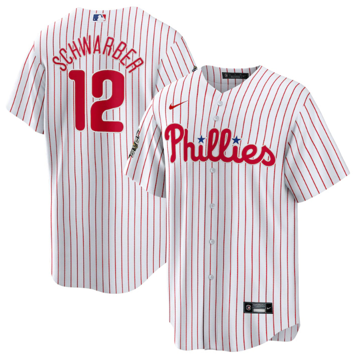 Men's Philadelphia Phillies #12 Kyle Schwarber White 2022 World Series Cool Base Stitched Baseball Jersey