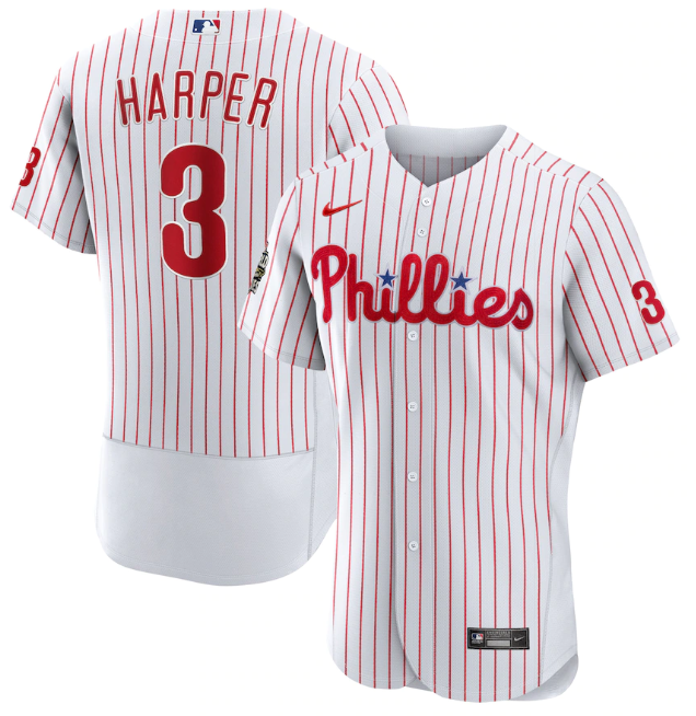 Men's Philadelphia Phillies #3 Bryce Harper White 2022 World Series Flex Base Stitched Baseball Jersey