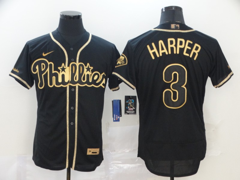 Phillies 3 Bryce Harper Black Gold 2020 Nike Cool Base Jersey