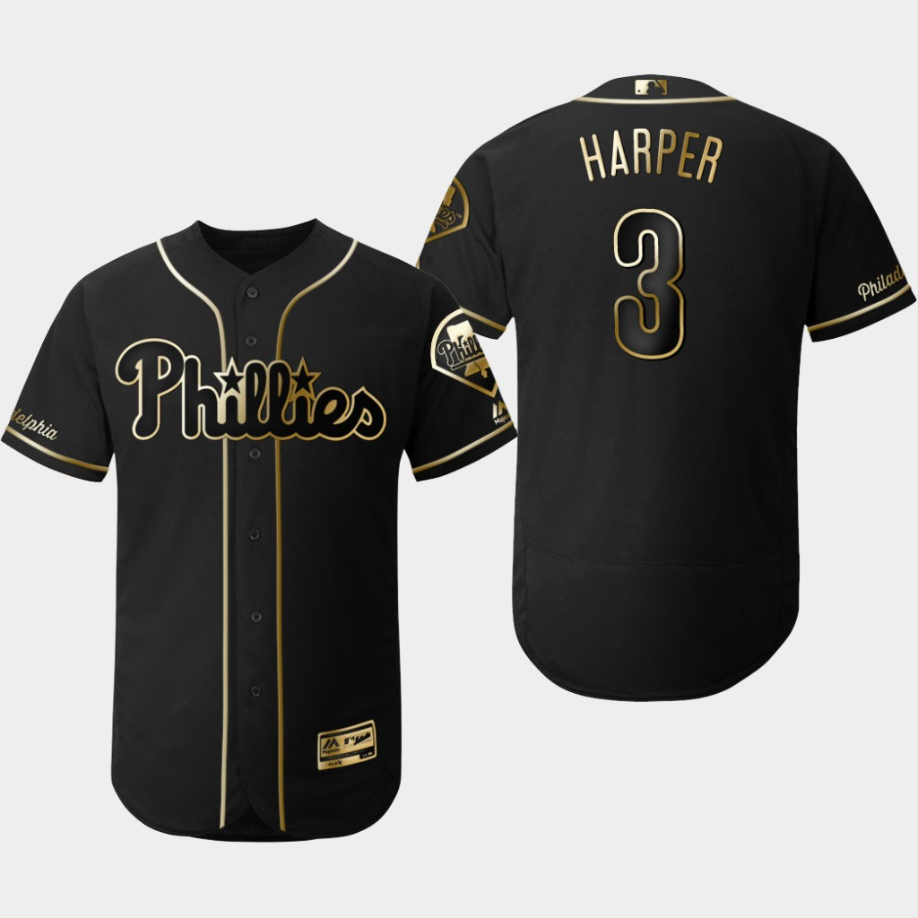 Phillies 3 Bryce Harper Black Gold Flexbase Jersey