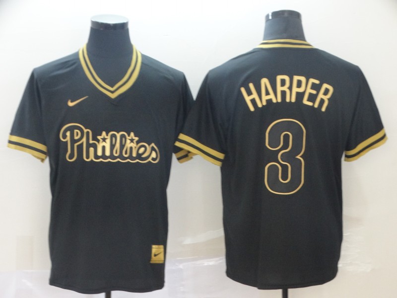 Phillies 3 Bryce Harper Black Gold Nike Cooperstown Collection Legend V Neck Jersey