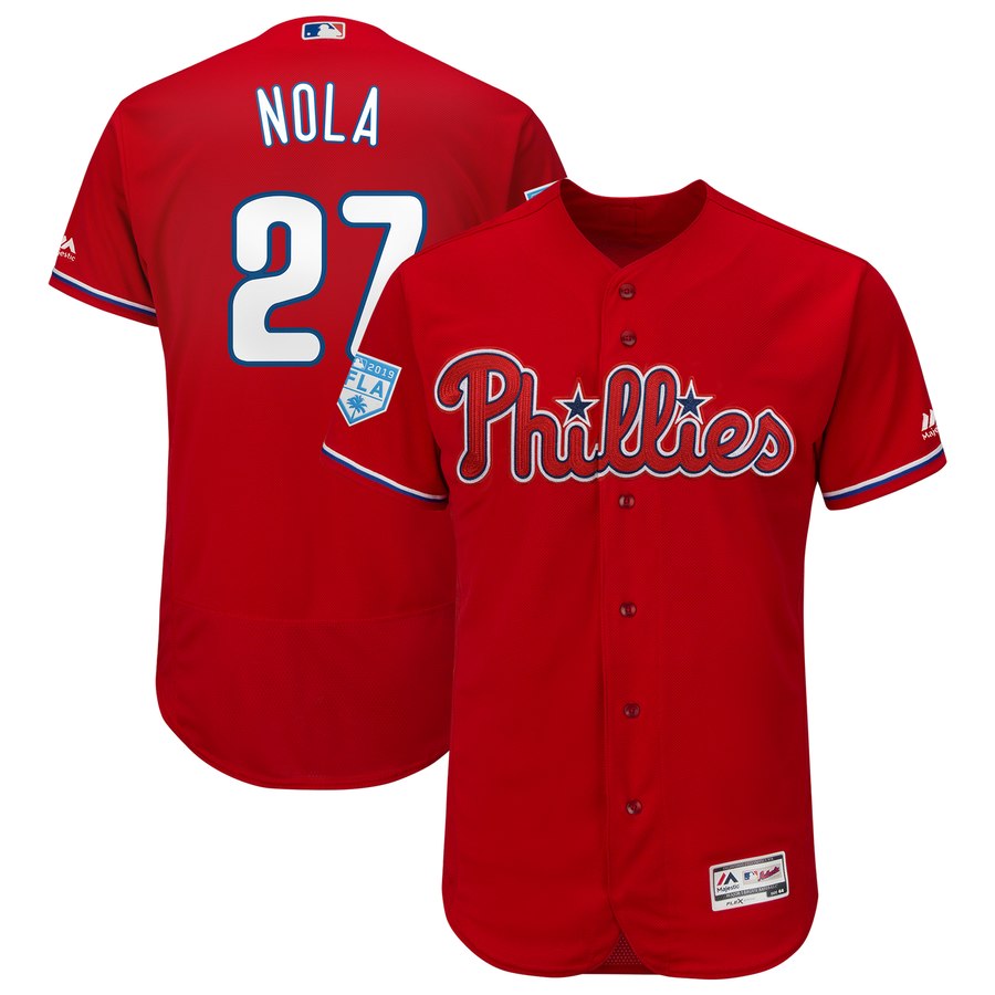 Men's Philadelphia Phillies #27 Aaron Nola Majestic Scarlet 2019 Spring Training Flex Base Player Jersey