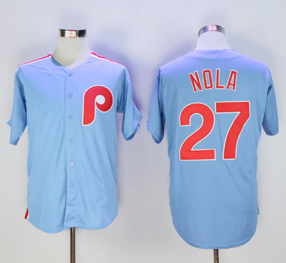 Men's Philadelphia Phillies #27 Aaron Nola Light Blue Cool Base Cooperstown Jersey