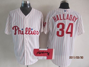 Philadelphia Phillies 34# Roy Halladay White Jerseys(Red strip)MLB Jerseys(Signed)