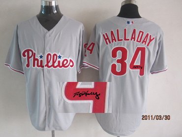 Philadelphia Phillies 34# Roy Halladay Grey MLB Jerseys(Signed)